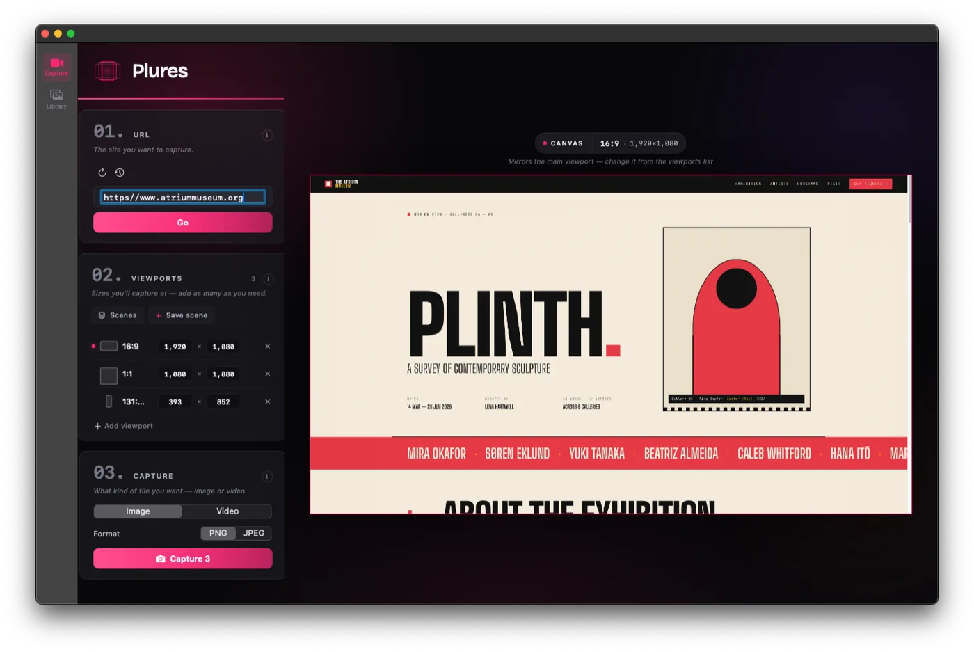 Plures macOS app loading the PLINTH exhibition site